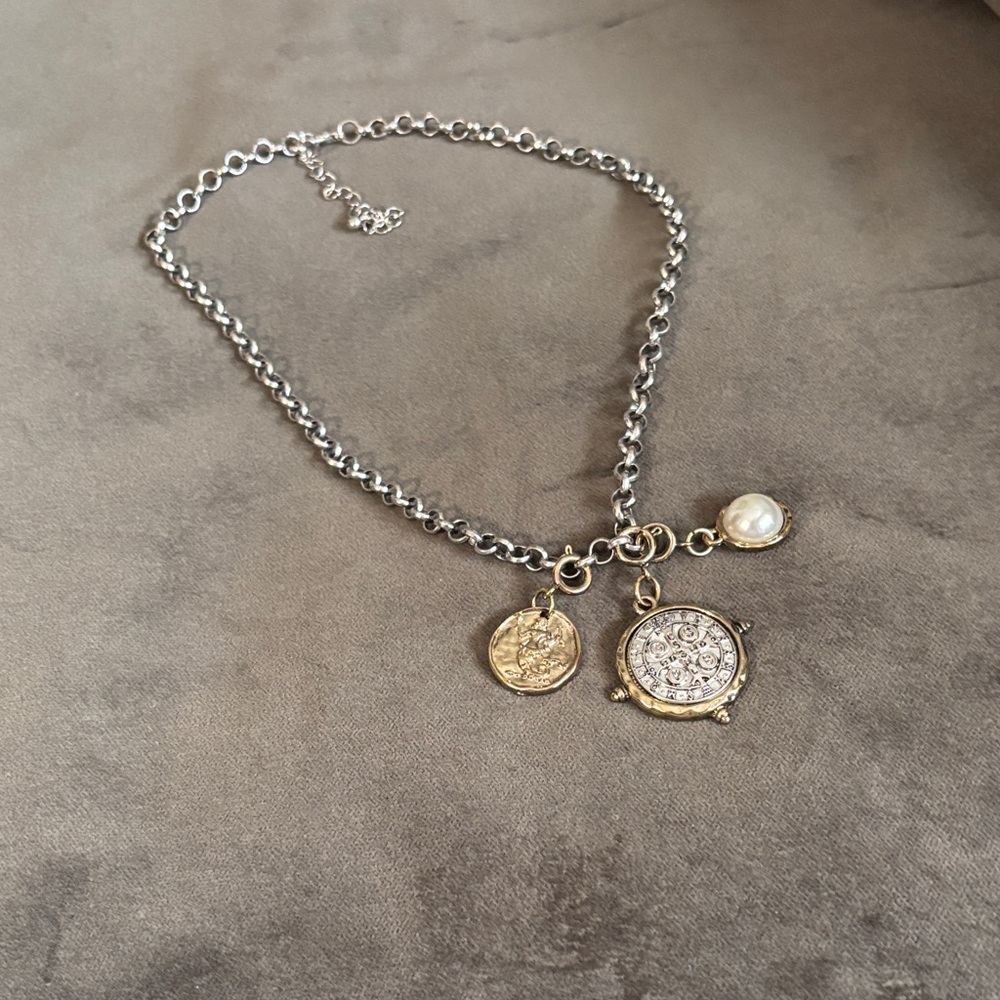 Mixed Metal Coin and Pearl Charm Necklace in Silver and Gold